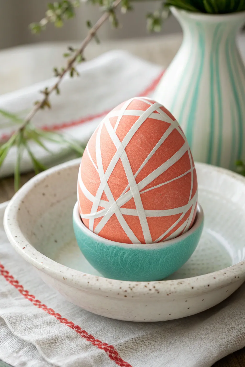 Tape-resist Easter egg with partially peeled tape revealing crisp stripes and bold color contrast.