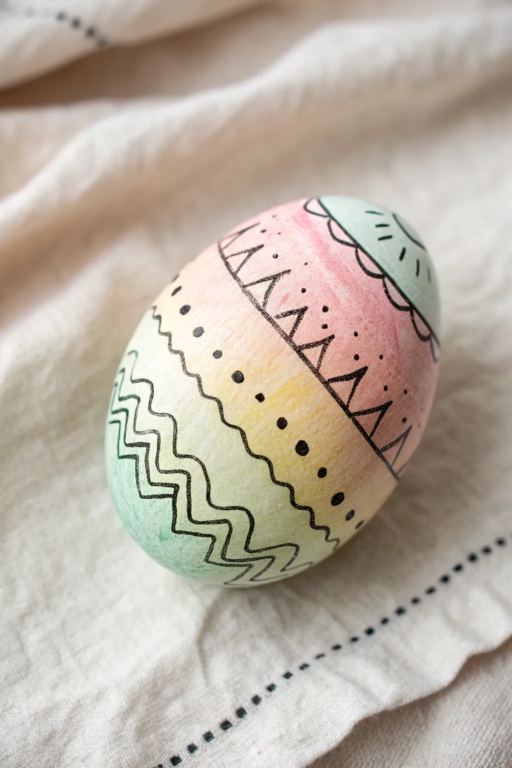 Watercolor-wash Easter egg rock with simple ink lines, minimalist Scandinavian spring mood