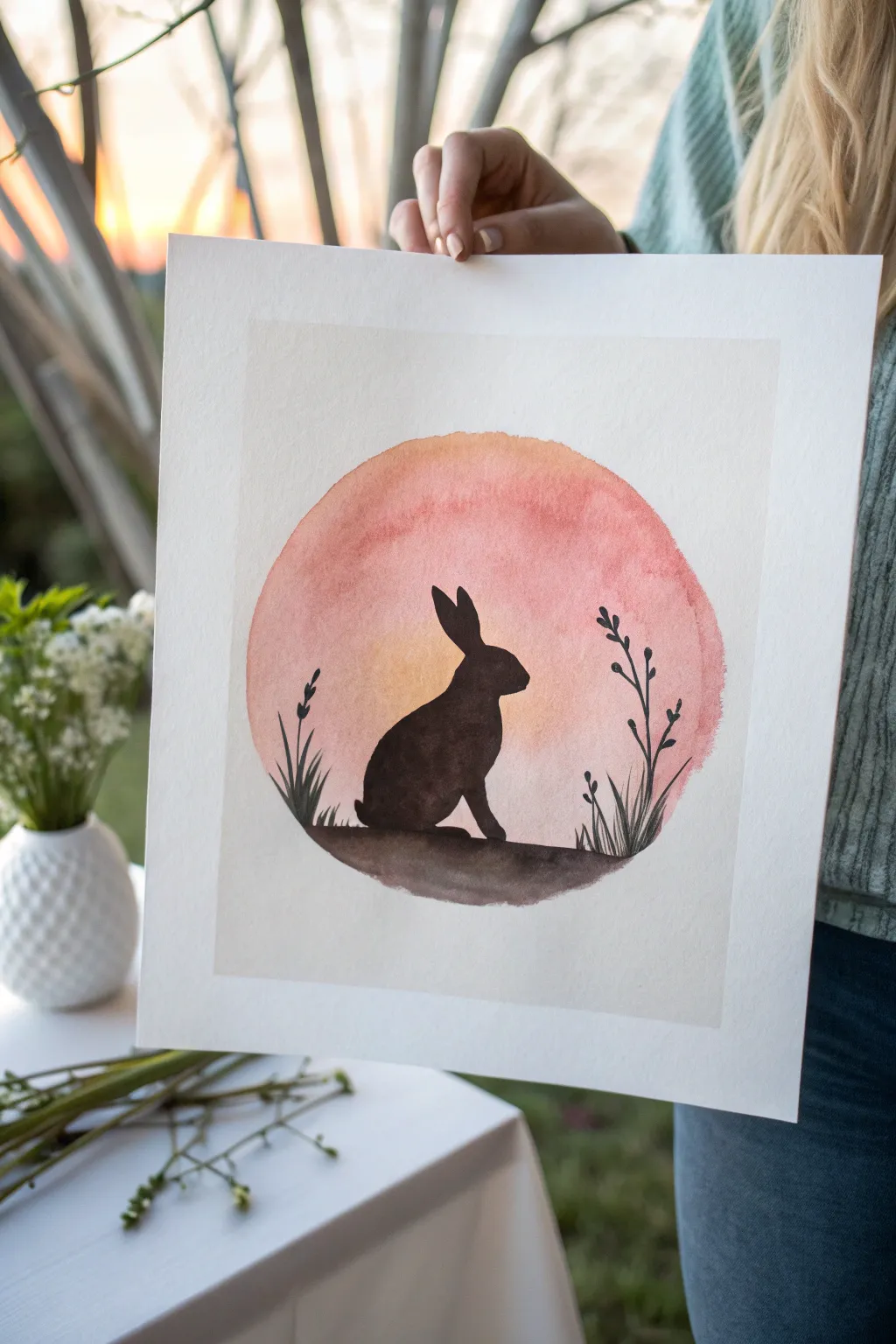 Minimal bunny silhouette with a soft pastel sunrise wash, perfect for easy Easter watercolor.