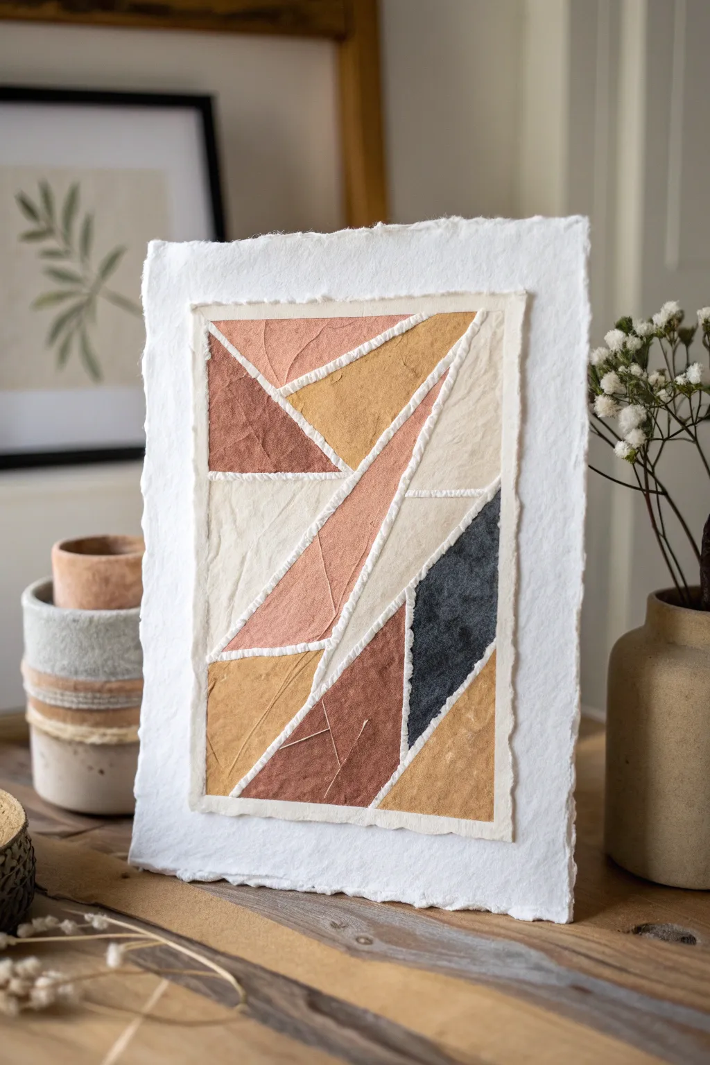 Tactile abstract collage with torn paper layers and matte paint for modern minimal contrast.