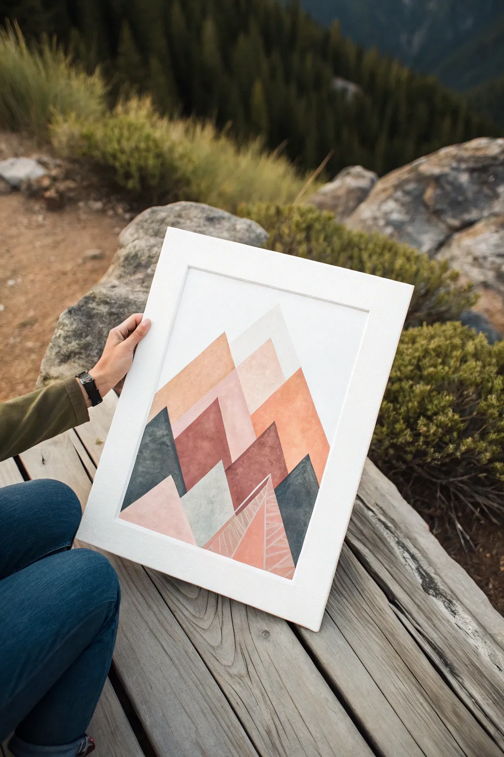 Tape-resist geometric mountains with blended acrylic color and crisp white lines in a minimalist boho style.