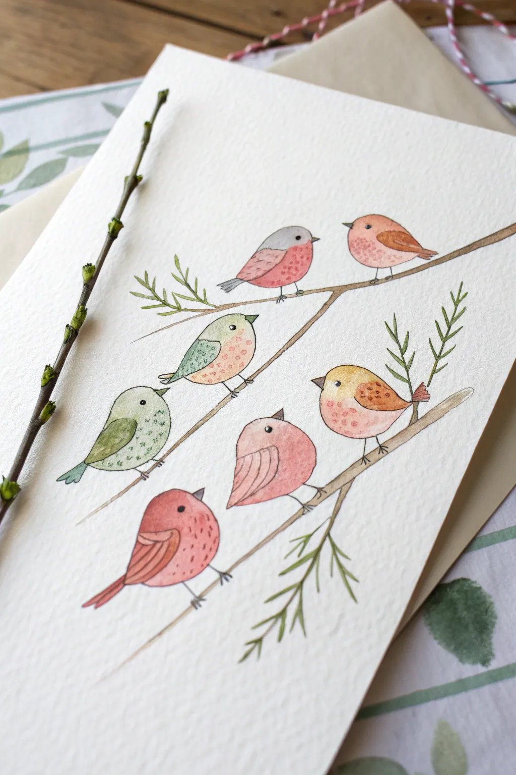 Simple watercolor birds on a branch, mixed sizes and playful colors in a minimalist style