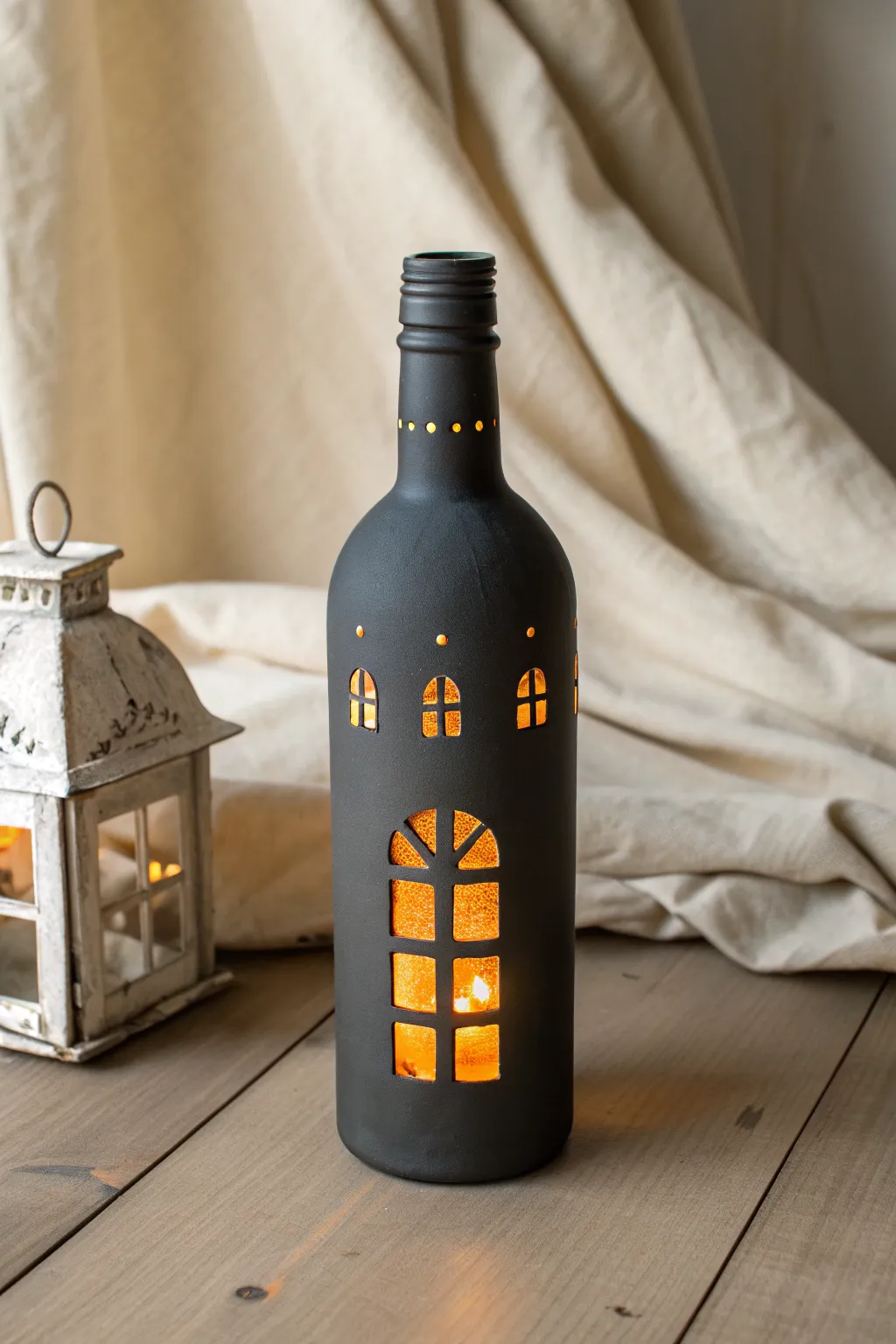 Paint a dark bottle, leave tiny windows clear, and let warm light glow through beautifully.