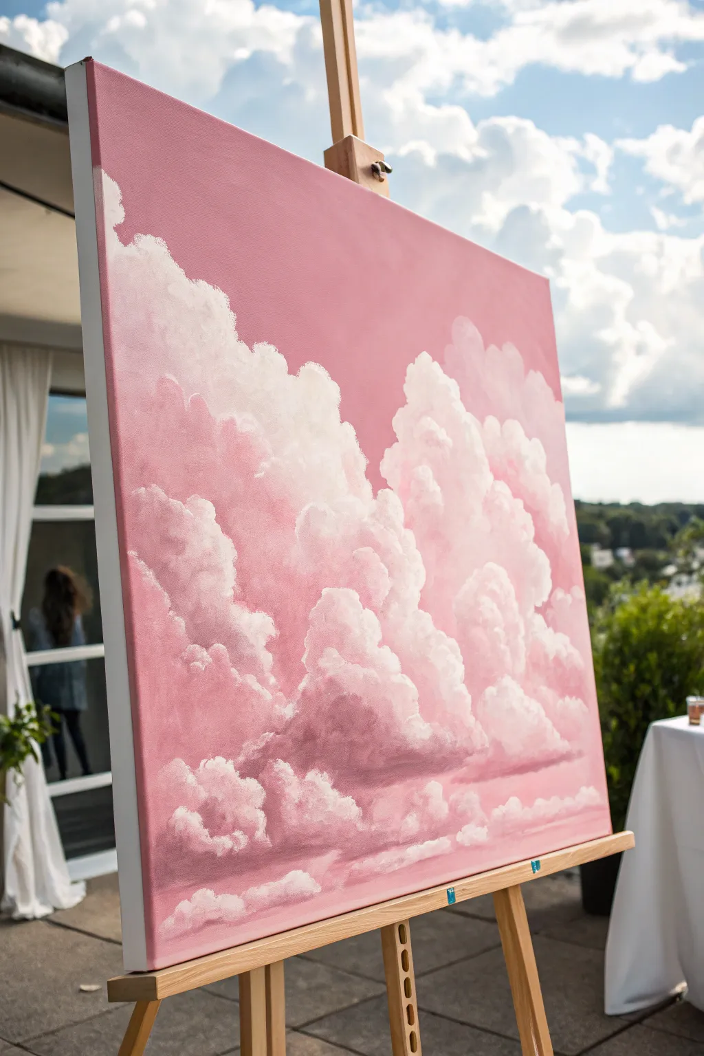 Chunky impasto white clouds popping off a smooth mid-pink sky for an easy canvas idea