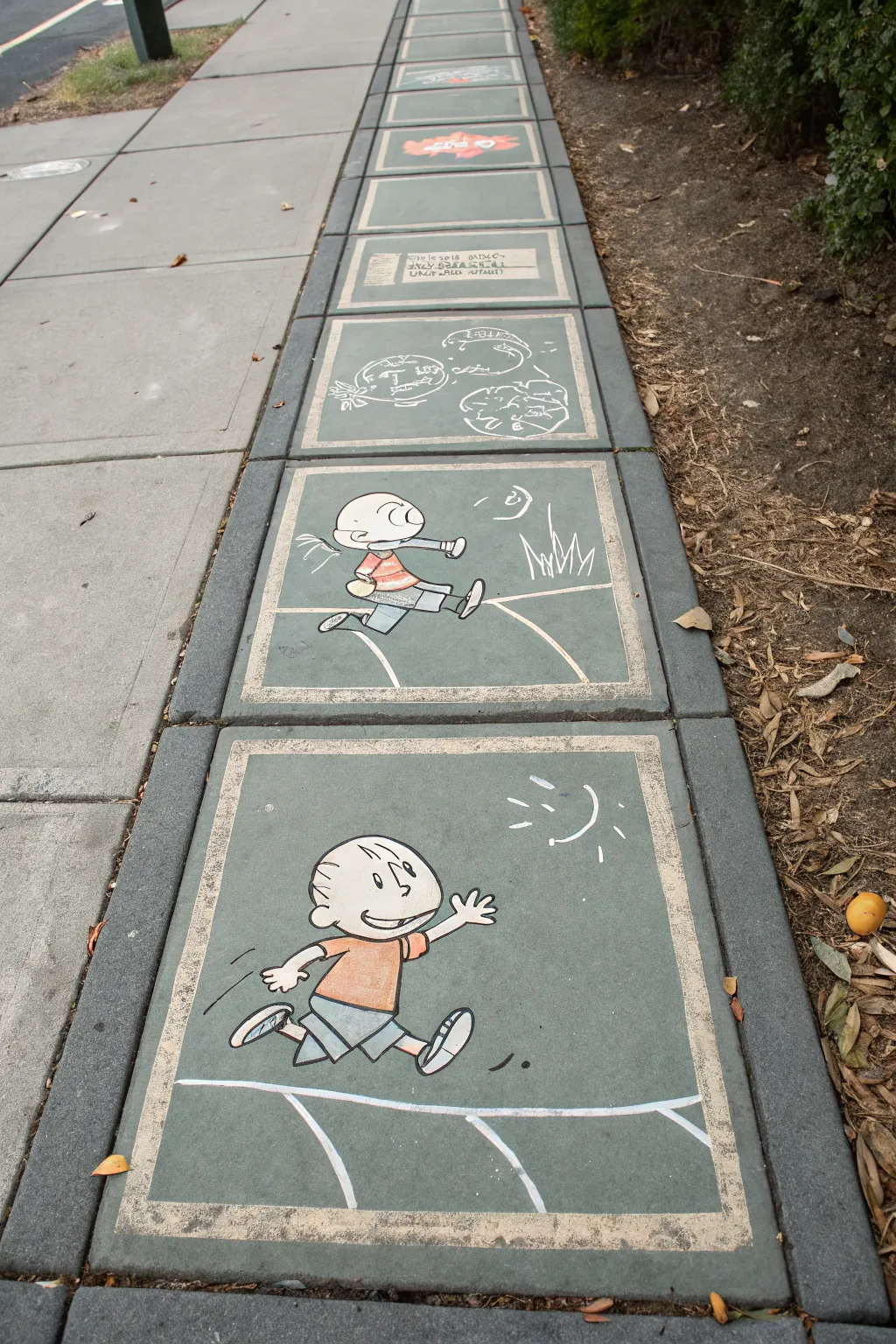 Simple three-panel chalk comic strip: one cute character waves, trips, then laughs