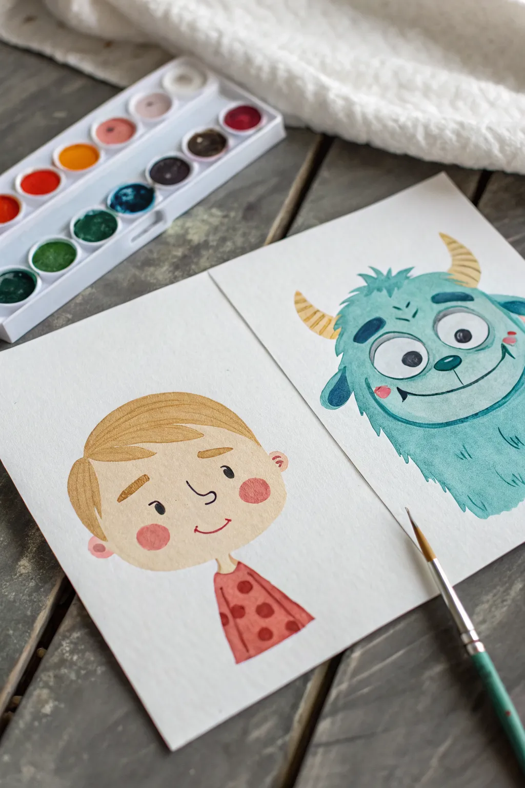 Paint a split-face character: half sweet, half monster, with bold color blocks and a clean center line