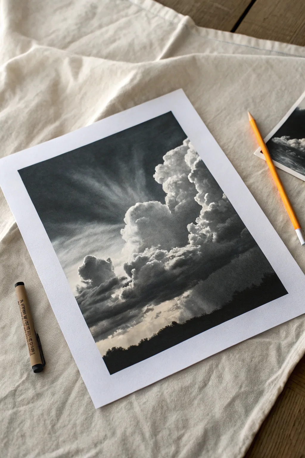 Eraser-lifted clouds glow against a velvety charcoal sky for a moody minimalist study.