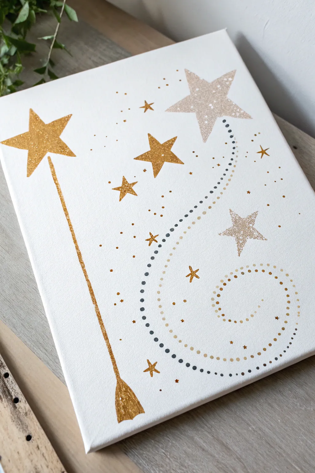 Minimal magic wand trail painting with white splatter sparkle and soft boho gold stars