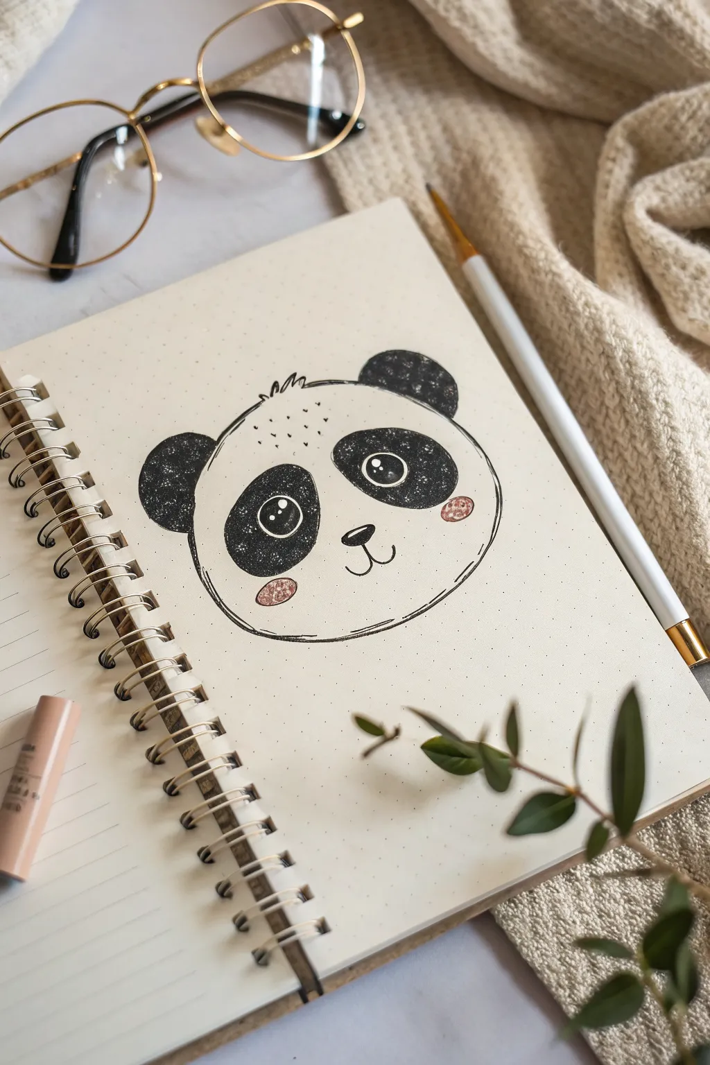 Sweet panda with round glasses, simple lines, soft minimal vibe, and a tiny sparkle highlight.