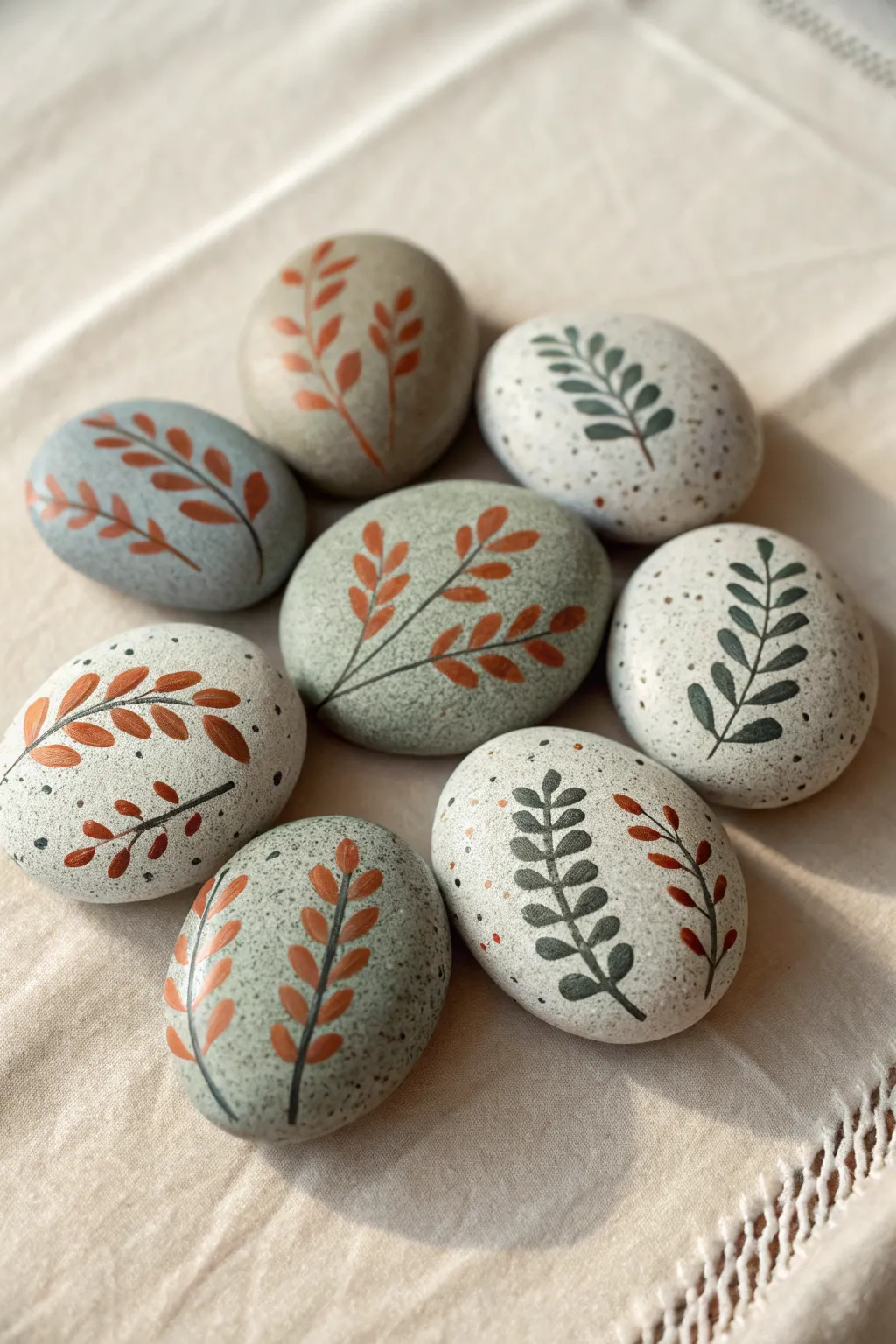Easy painted rock art: clean leaf, dot, and stripe patterns for a calm minimalist DIY.