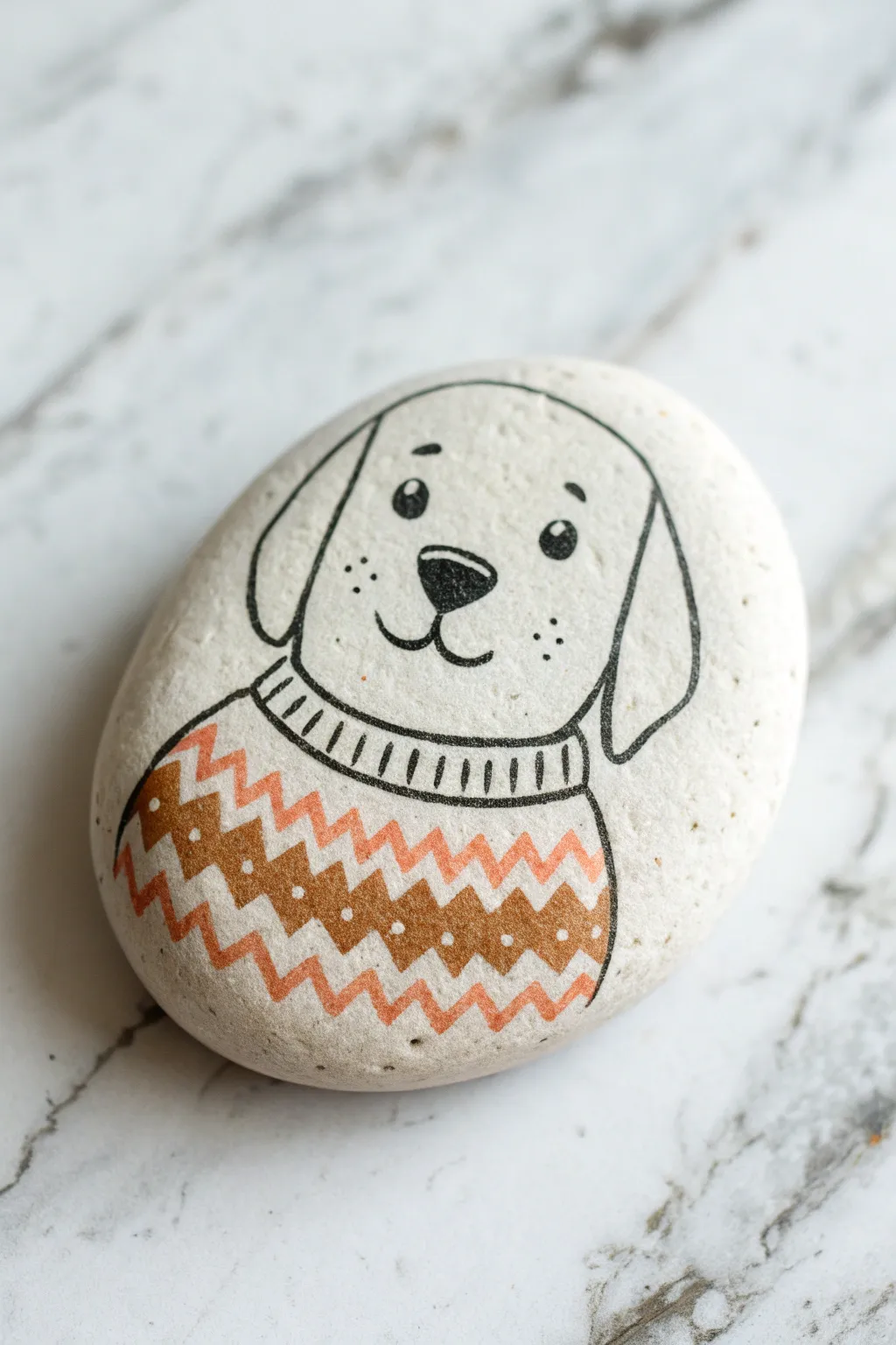 Easy cozy pup rock painting with simple face and patterned sweater, minimal Scandinavian boho.