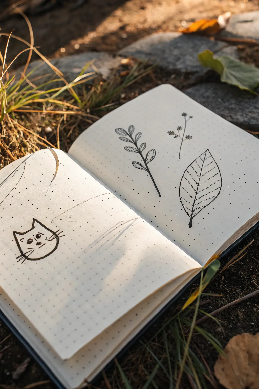 One-line doodle challenge page: cat, leaf, and face drawn in a single continuous stroke