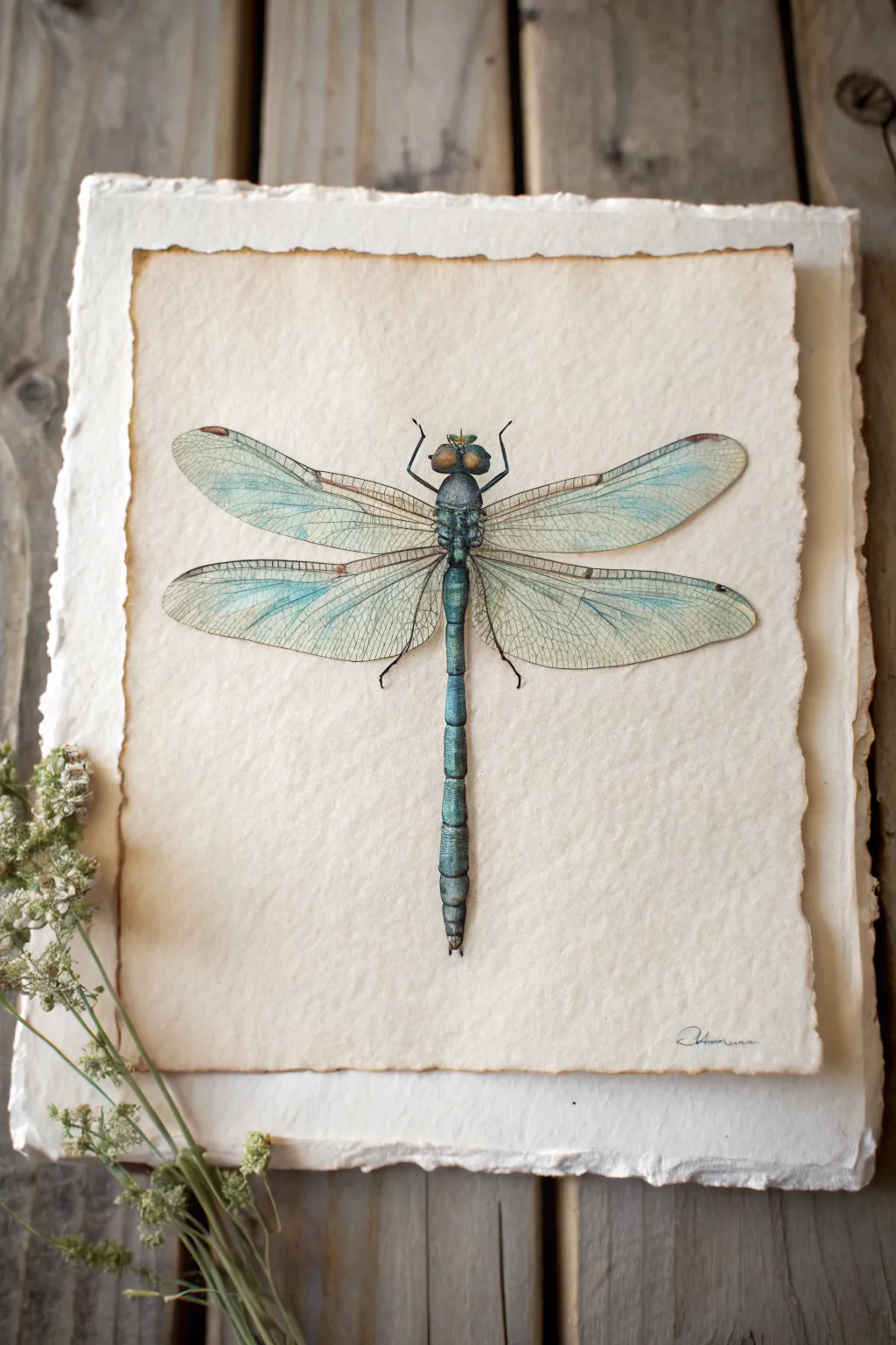 Mixed-media dragonfly with torn-paper collage wings on a clean minimalist background