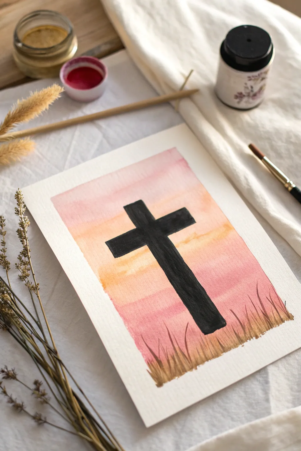 Minimal cross painting in Easter sunrise tones, calm Scandinavian simplicity with gentle brush texture.