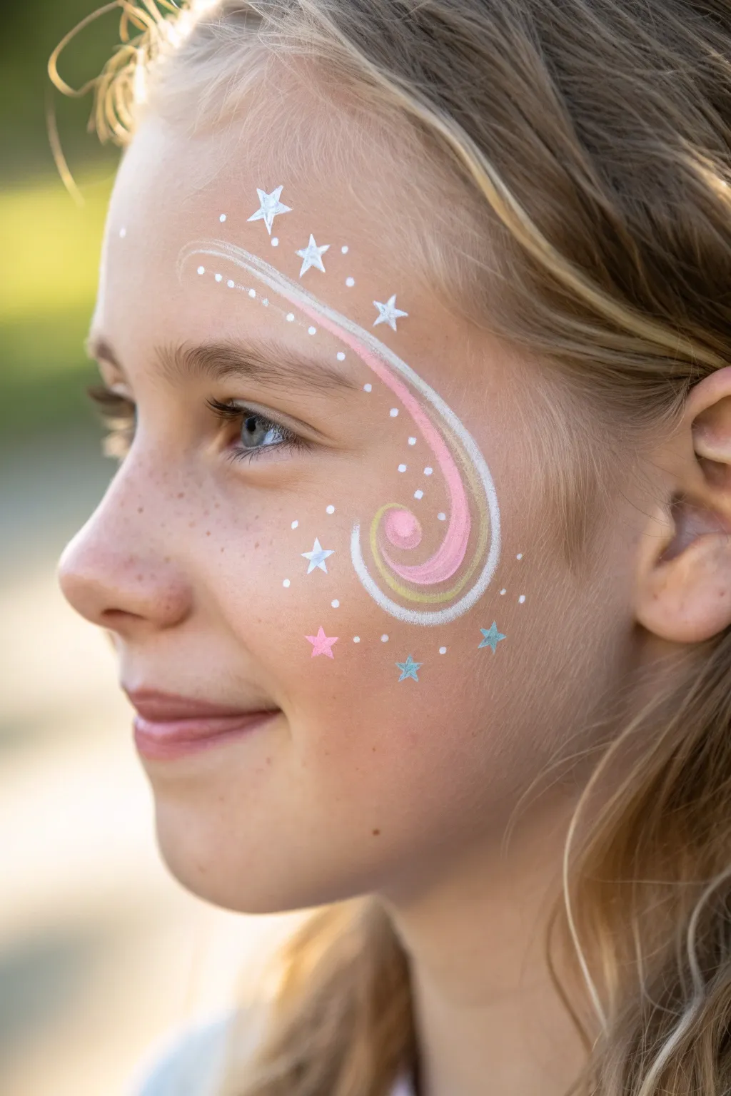 Fairy Dust Cheek Swirl with tiny stars and dotted trail, finished with a bright shimmering highlight.