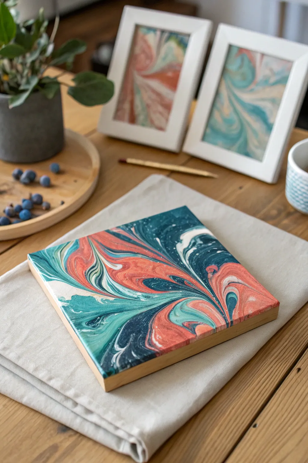 Marbled pour painting minis drying to a glossy swirl, bold color pops on a calm neutral workspace