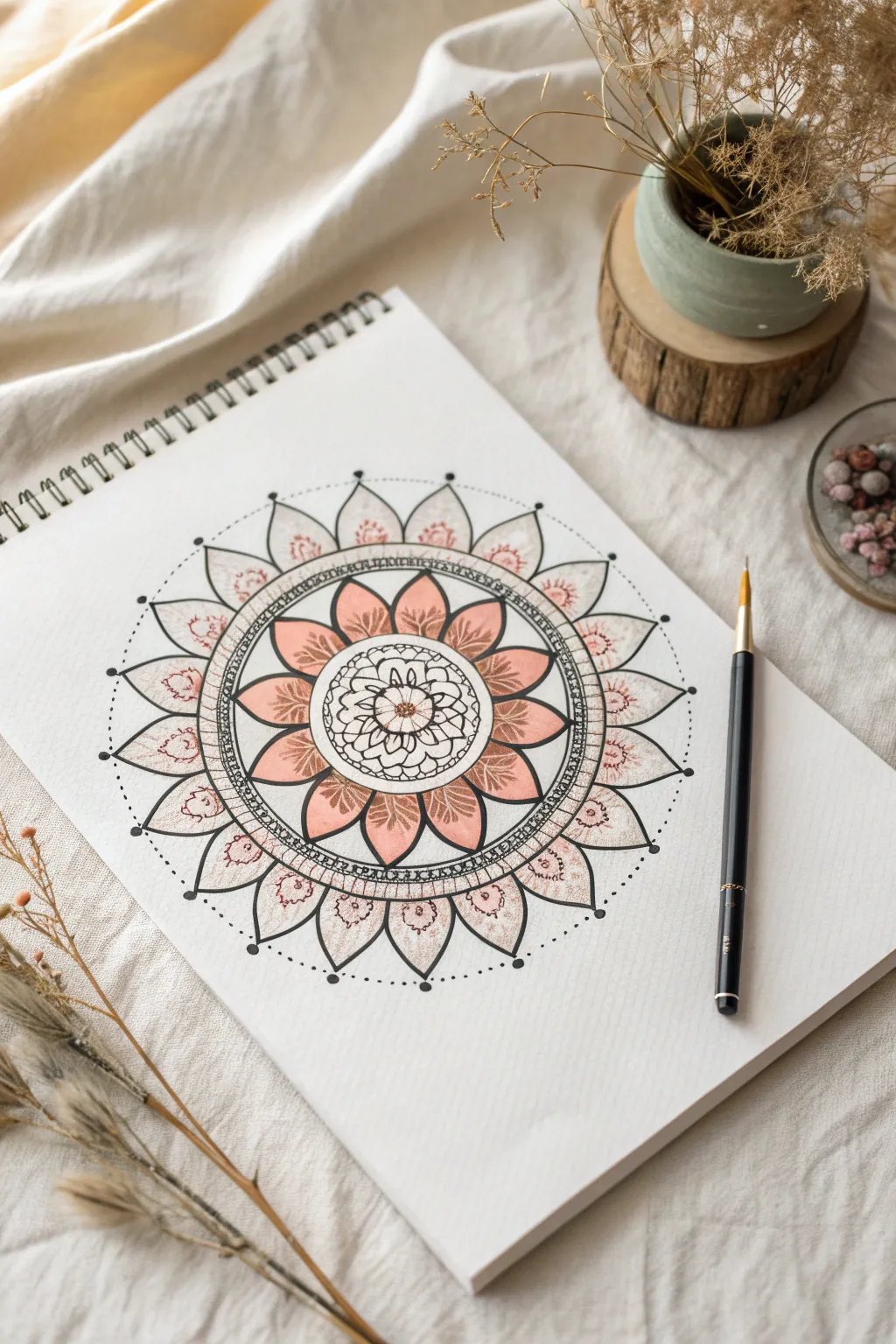A community mandala sketch with repeating rings, ready for everyone to paint one section together.