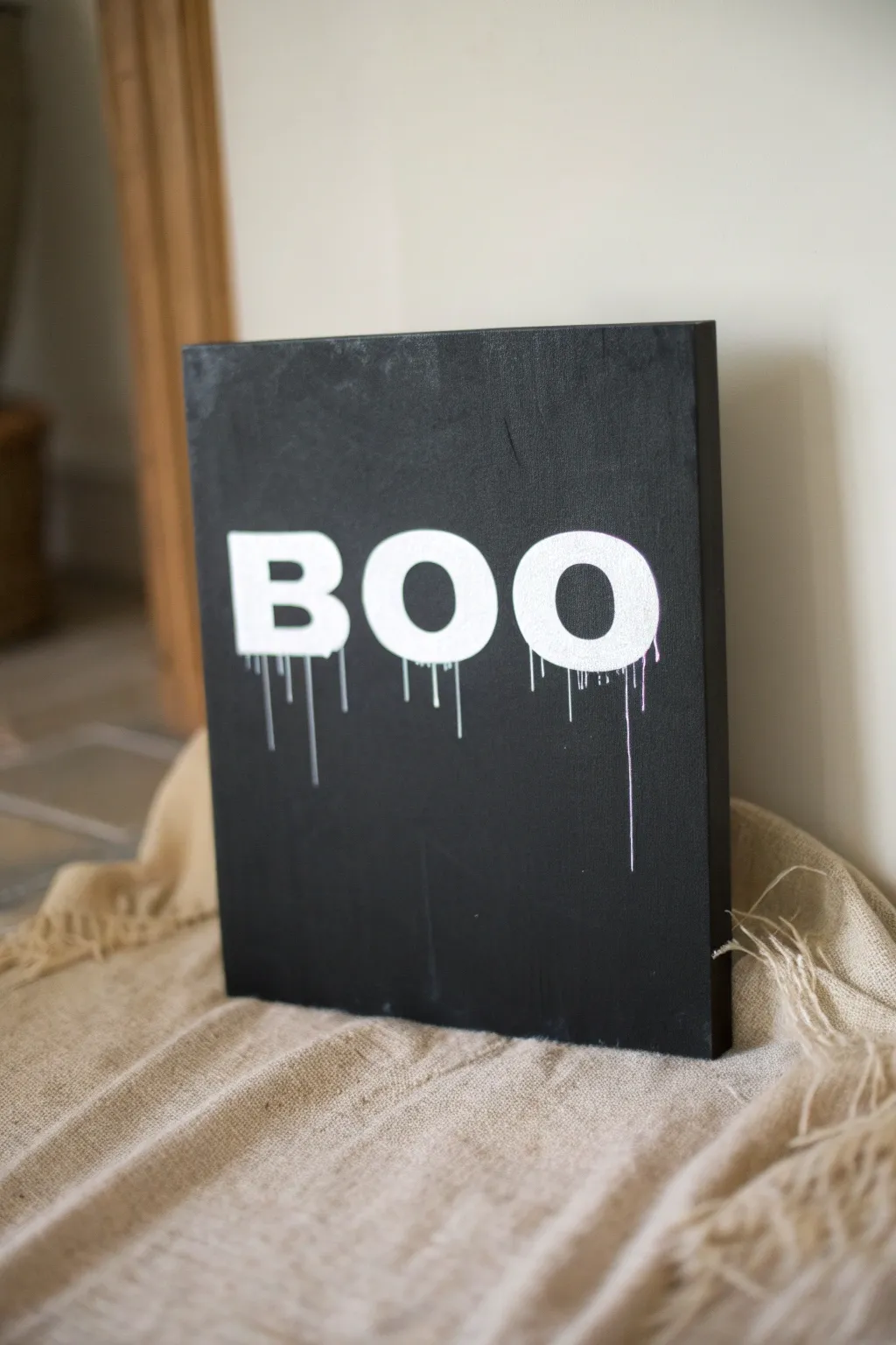 Minimal BOO canvas with drippy paint, high contrast black and white for an easy Halloween vibe