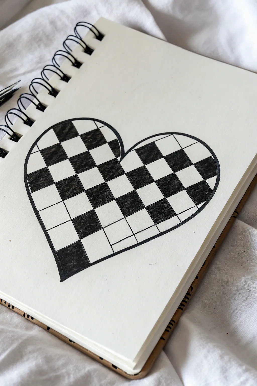Bold checkerboard heart with faint pencil guides, minimalist and easy to recreate