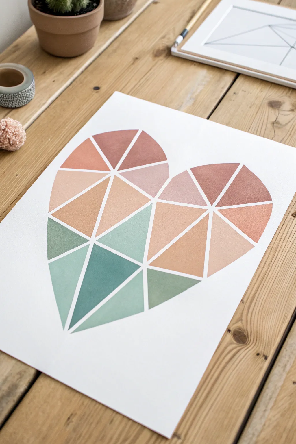 Modern tape-resist heart with faceted color triangles for an easy minimalist painting idea