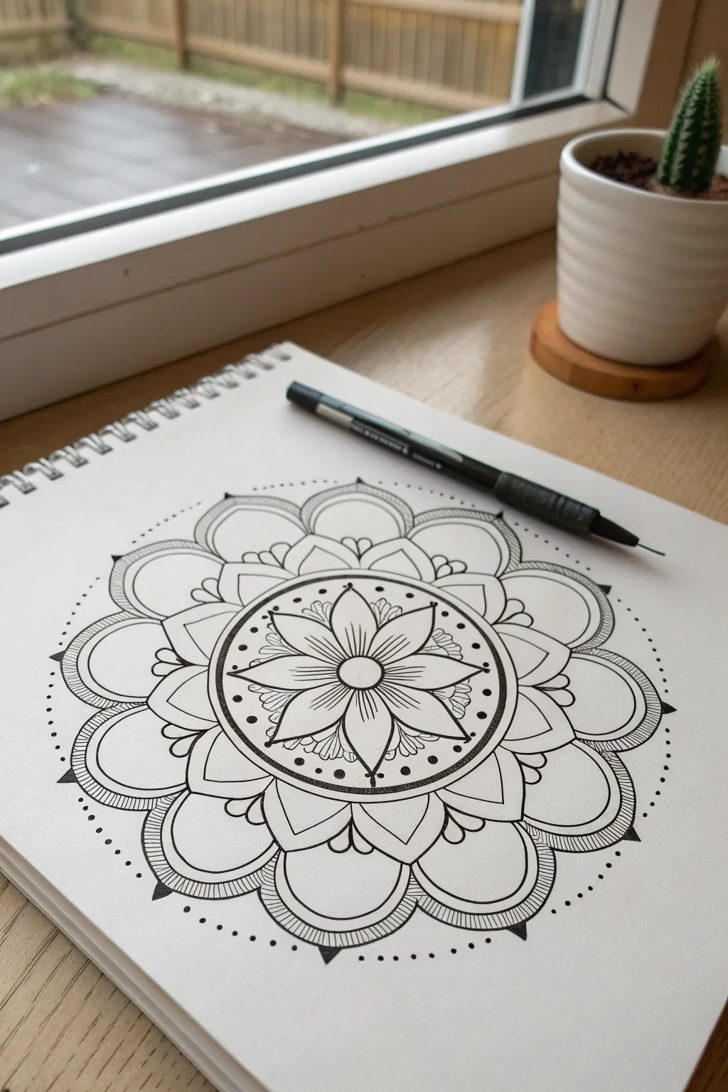 Calming mandala flower made from simple petals and dots, perfect for easy hippie doodles