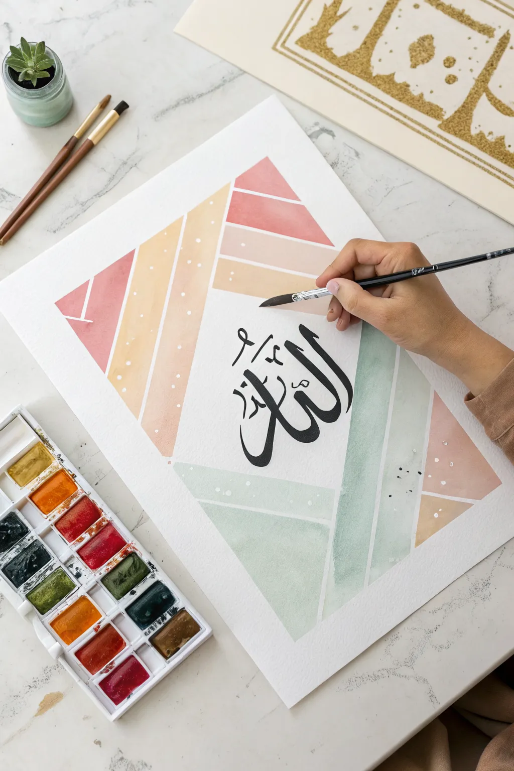 Modern Islamic art: soft abstract color fields with bold black Arabic calligraphy overlay