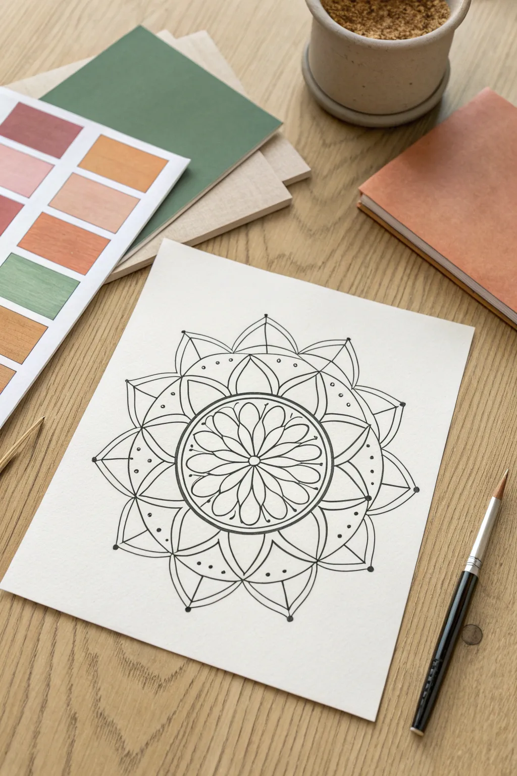 Bold-outline mandala with big color blocks in a calm, limited Scandinavian boho palette