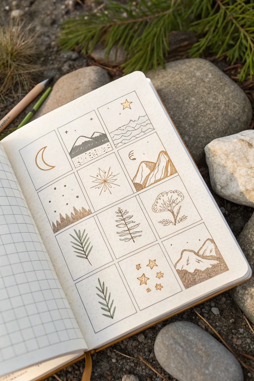 A minimalist sketch grid of tiny nature scenes for playful, easy drawing practice
