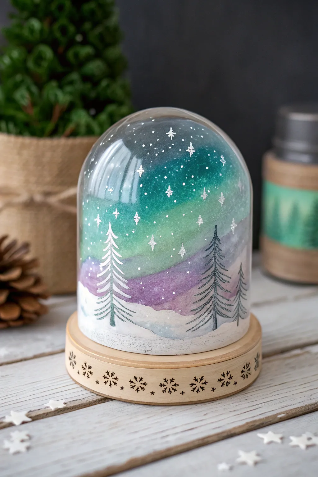 Paint a dreamy snow globe where glowing northern lights dance over a tiny winter world