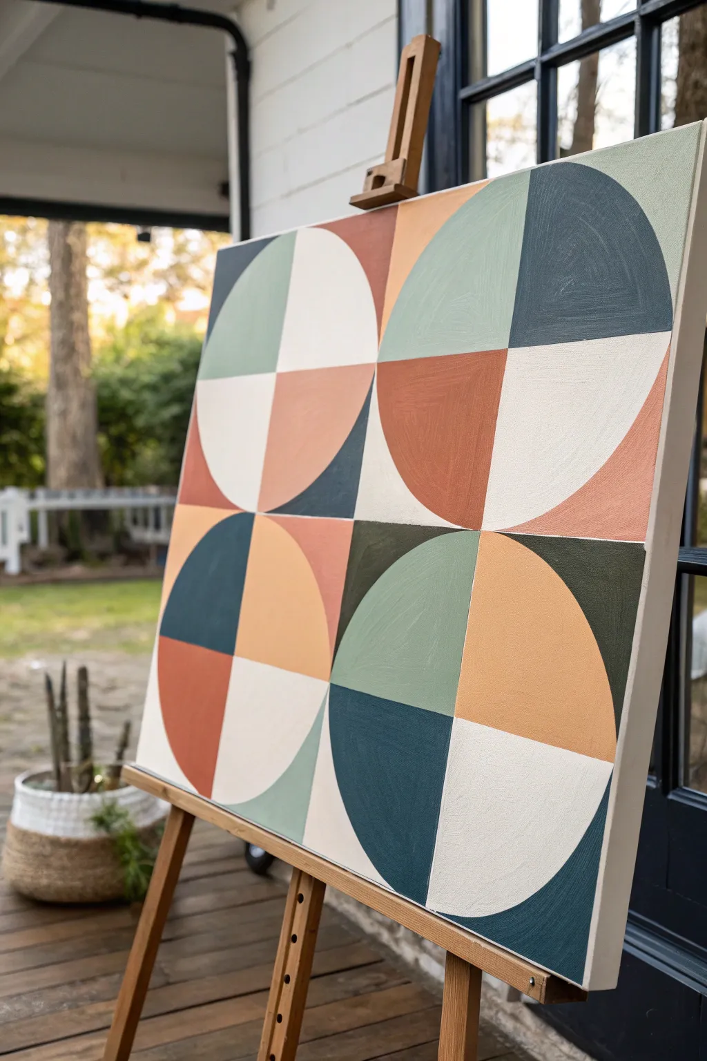Crisp geometric oil painting idea with overlapping color blocks and clean taped edges