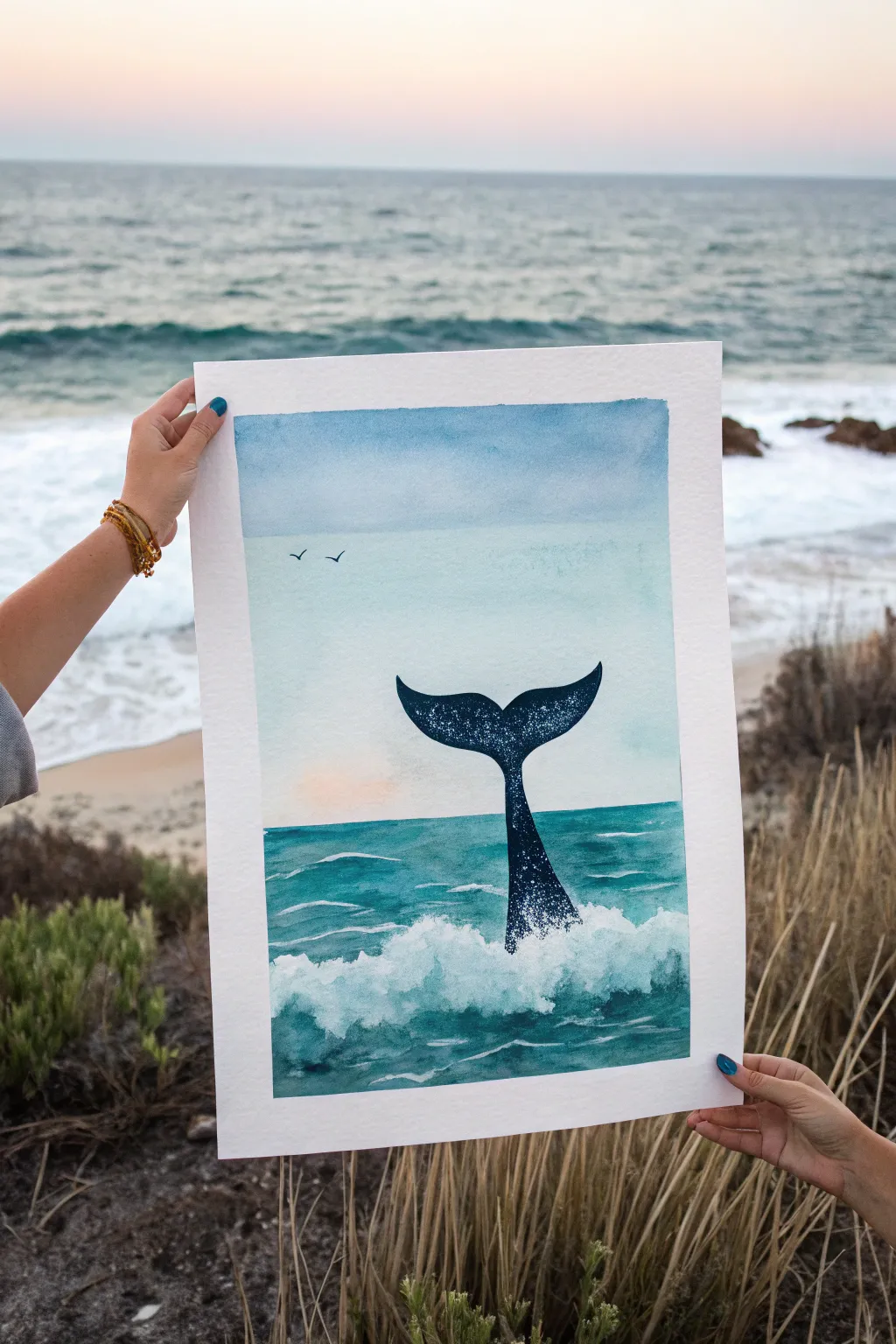 Minimal whale tail silhouette on a soft blue-to-teal sea gradient for an easy aesthetic painting