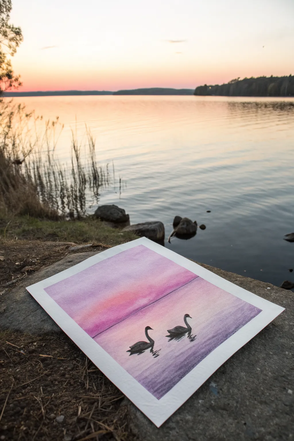 Easy pastel idea: two swans in dark silhouette on a pink to purple sunset lake gradient.