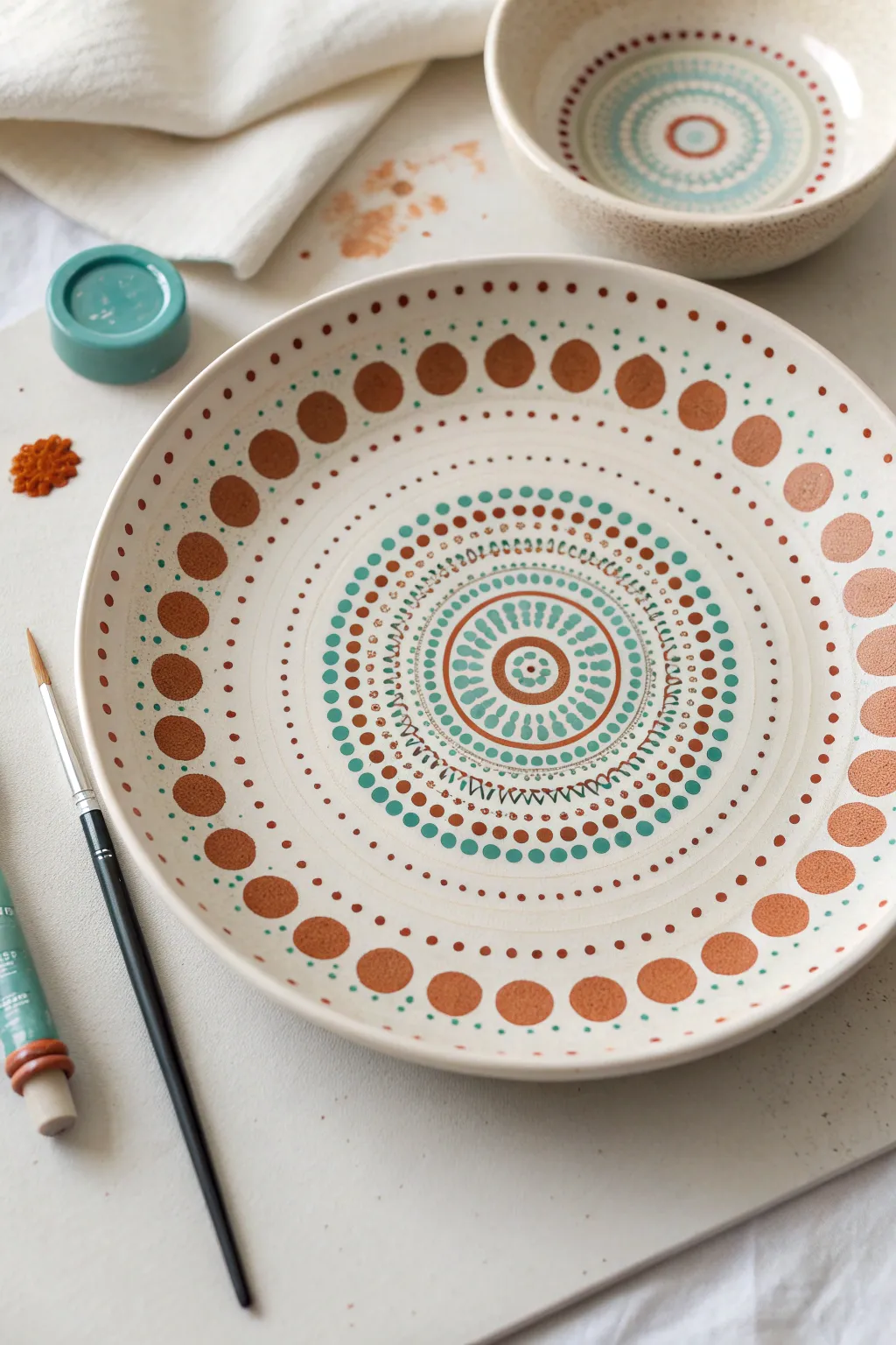 Dot mandala rings on a ceramic plate, two-tone dots with a satisfying in-progress moment.