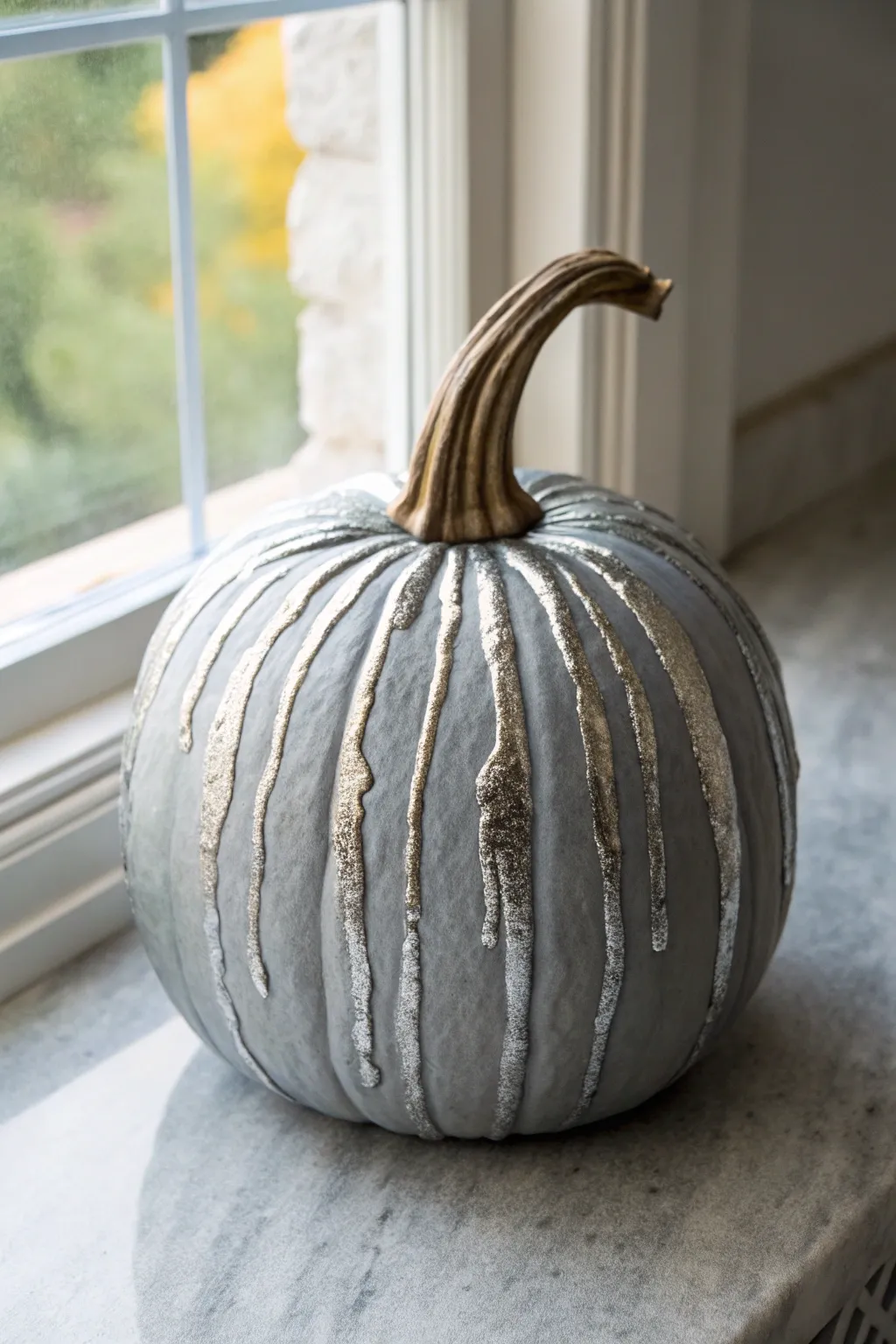 Elevate your fall decor with this chic matte gray and silver leaf pumpkin design. Simple, modern, and elegant.