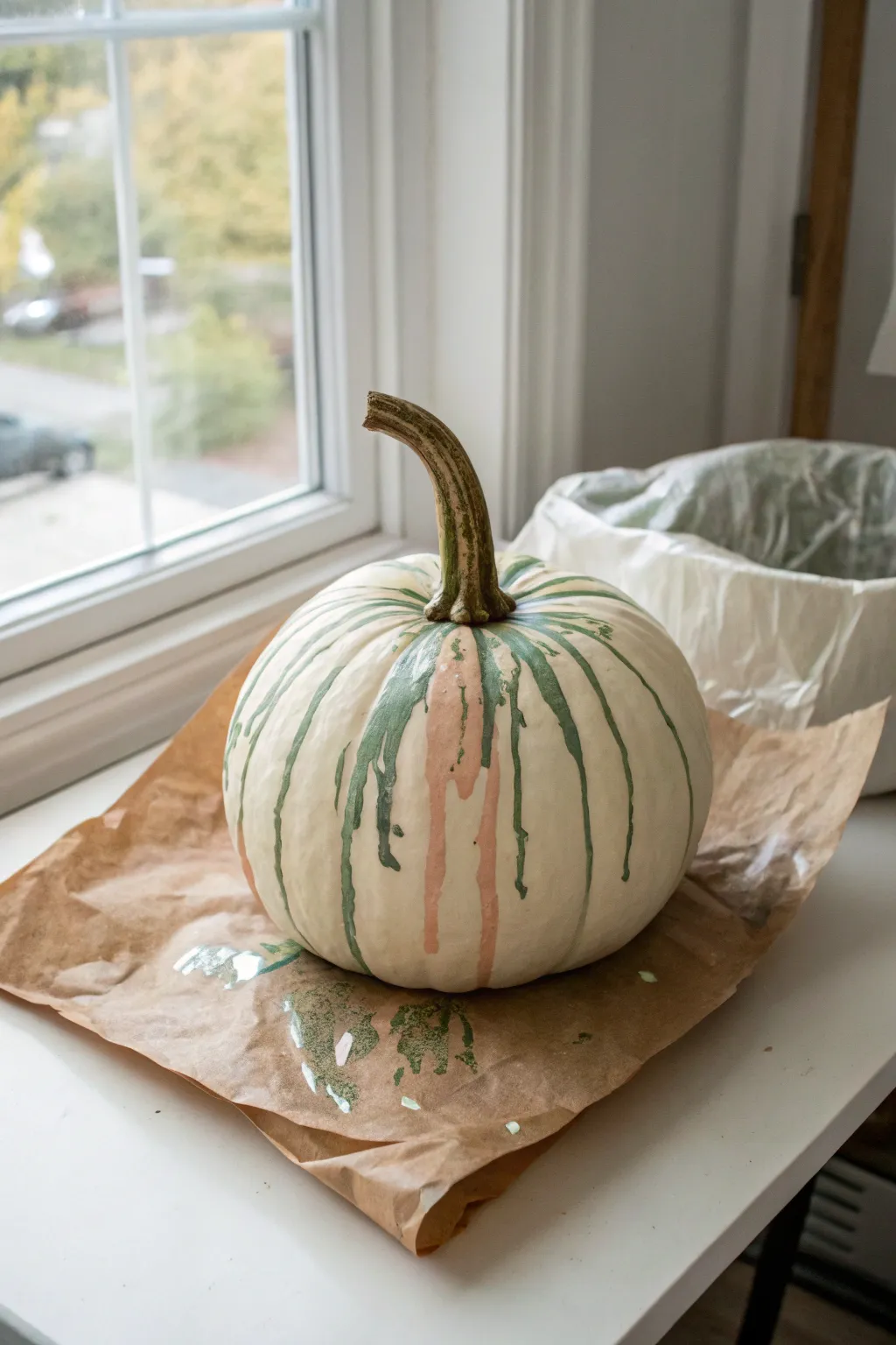 Drip-and-splatter pumpkin: easy kid-friendly paint play, captured mid-drip in a cozy minimal setup.