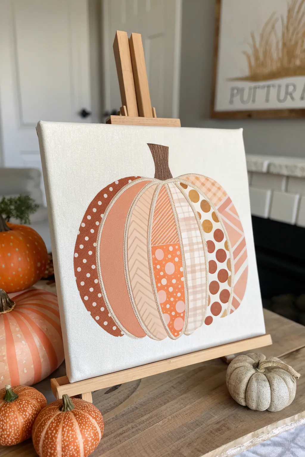 Mixed-media pumpkin canvas with soft pattern layers for an easy modern minimalist fall painting