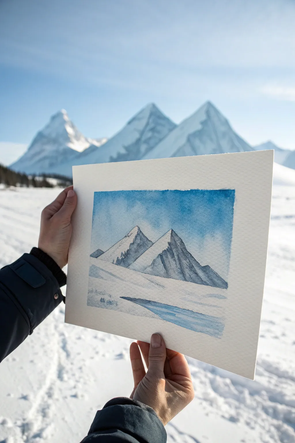 Snowy peak silhouettes with cool shadow planes and a soft sky gradient, a calming easy scenery idea.