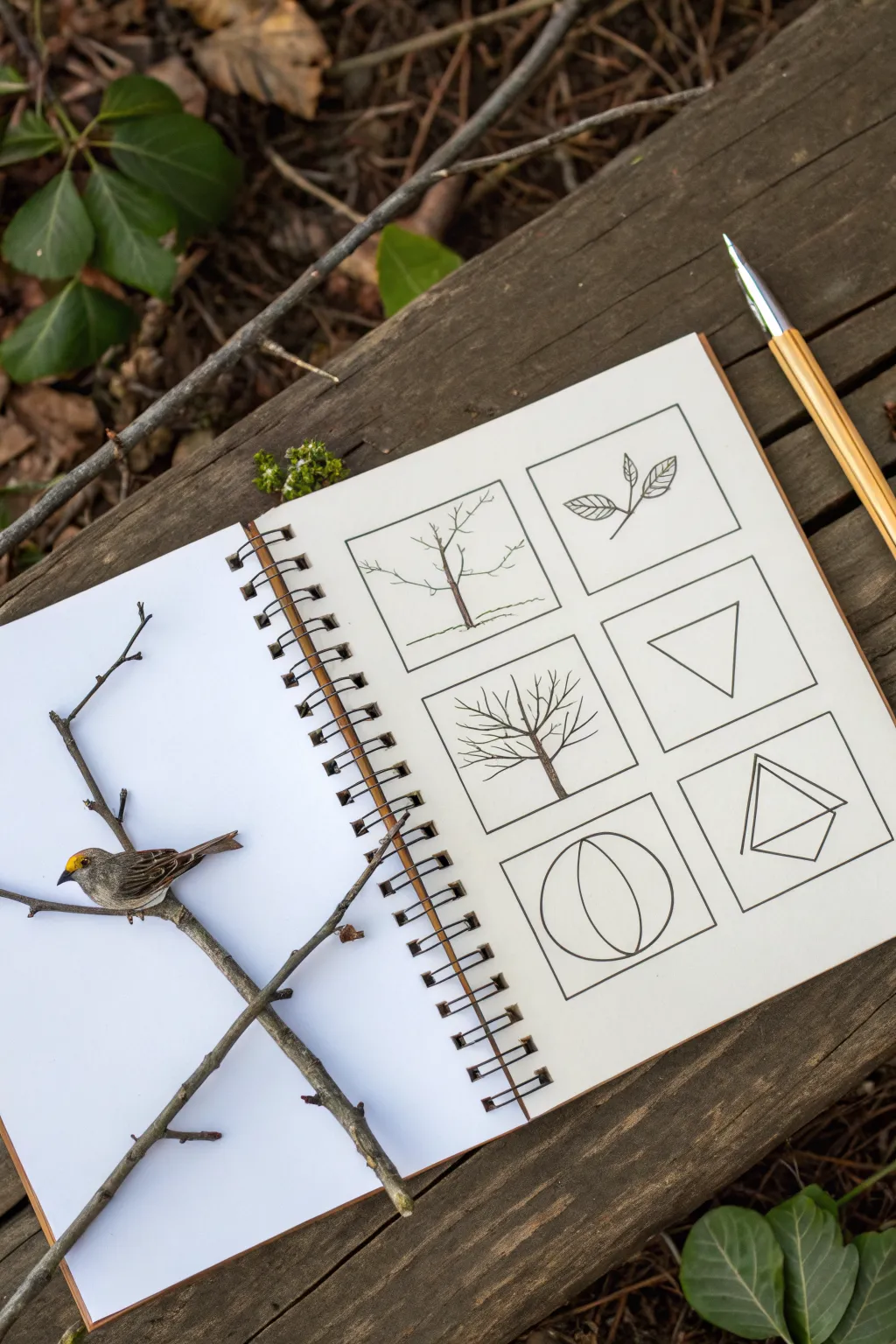 Step-by-step bird sketch: six simple stages from ovals to shaded feathers on a calm page