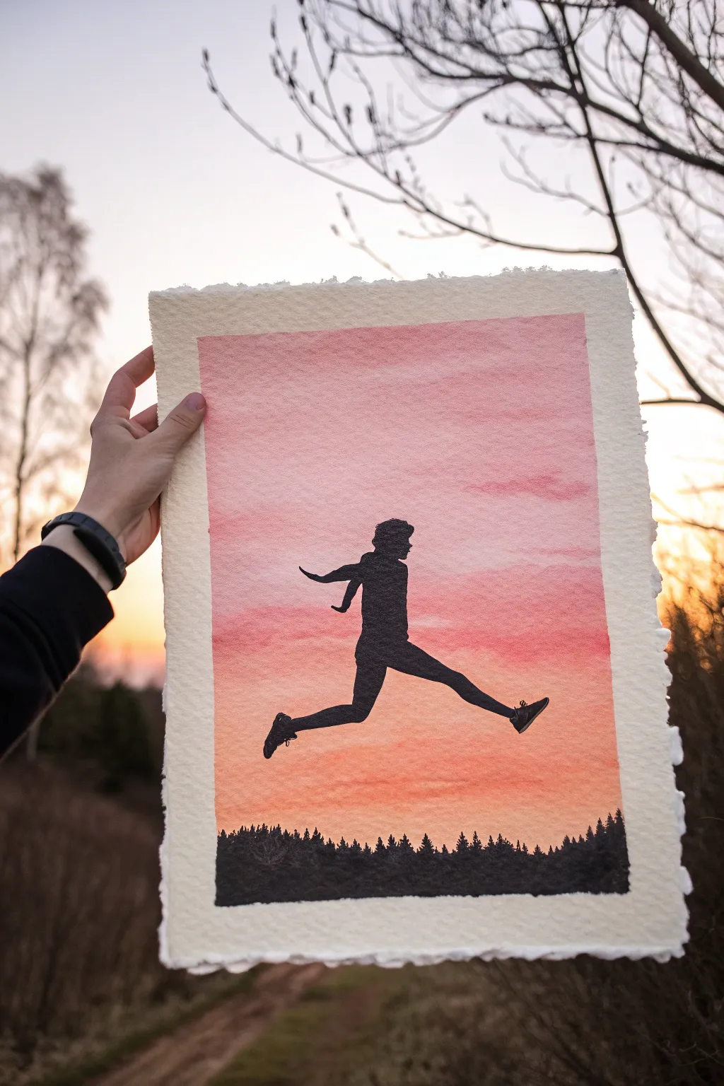 Paint an easy black athlete silhouette over a soft sunset gradient for bold, minimalist impact.