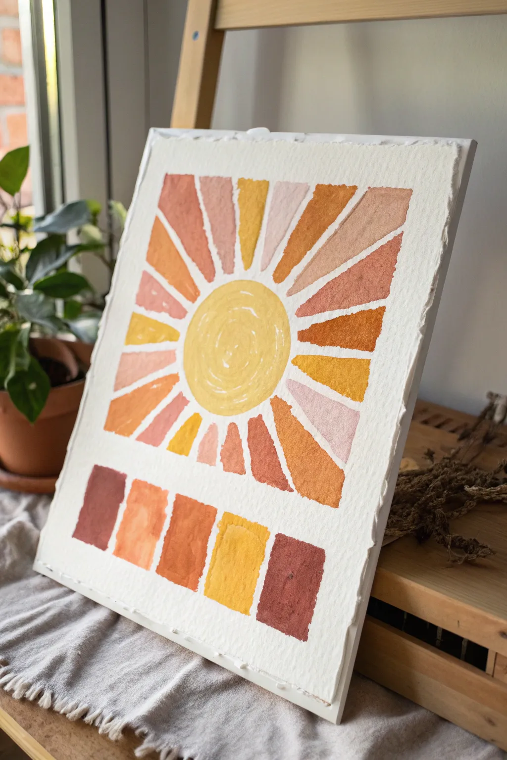 Abstract sun with bold warm color blocks and imperfect edges for a cozy minimalist boho look