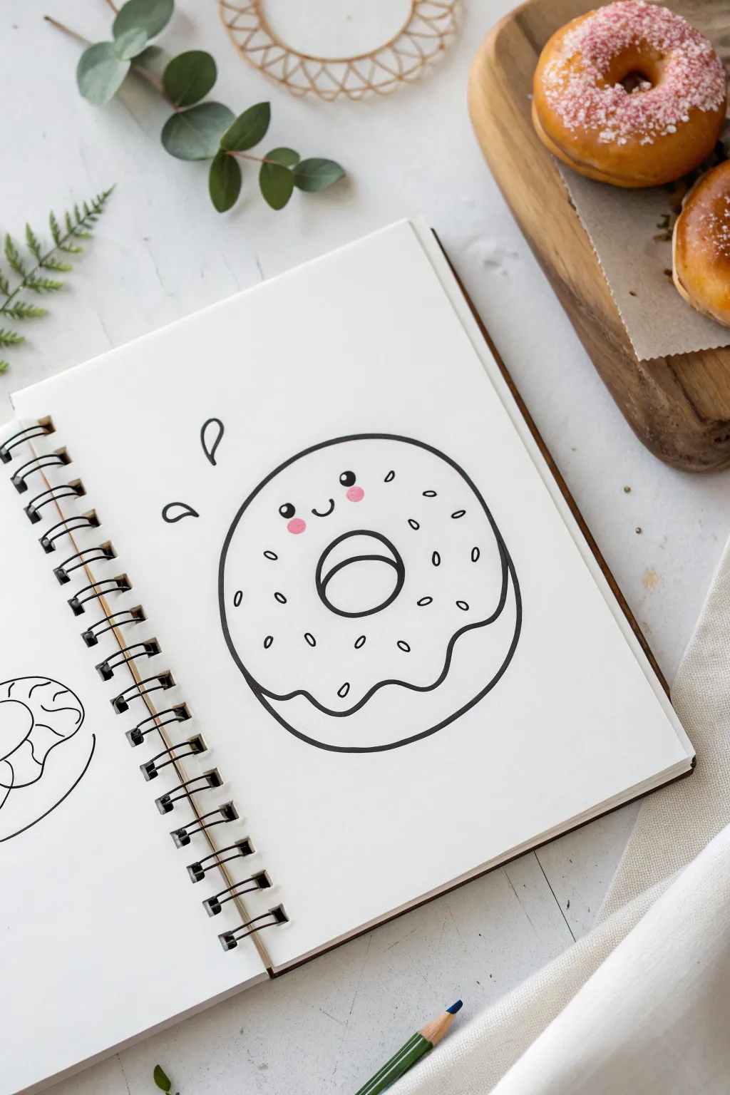 Sweet donut doodle with sprinkles and rosy cheeks, perfect easy drawing idea for kids