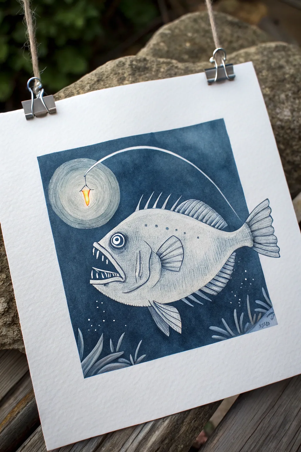 Deep-sea lantern fish drawing with simple shapes and a single glowing dot on a dark wash