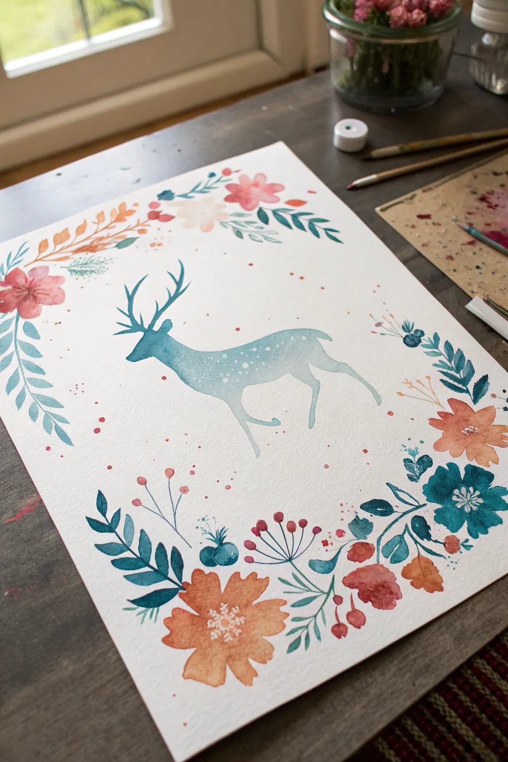 Copy this negative-space deer: keep the silhouette white and let bright splashes dance around it.
