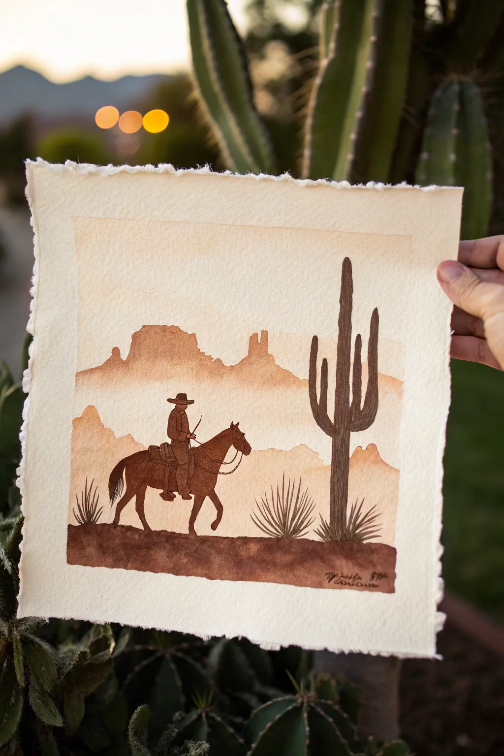 Sepia western silhouette with an old photo vignette, minimalist, feminine, and easy to paint