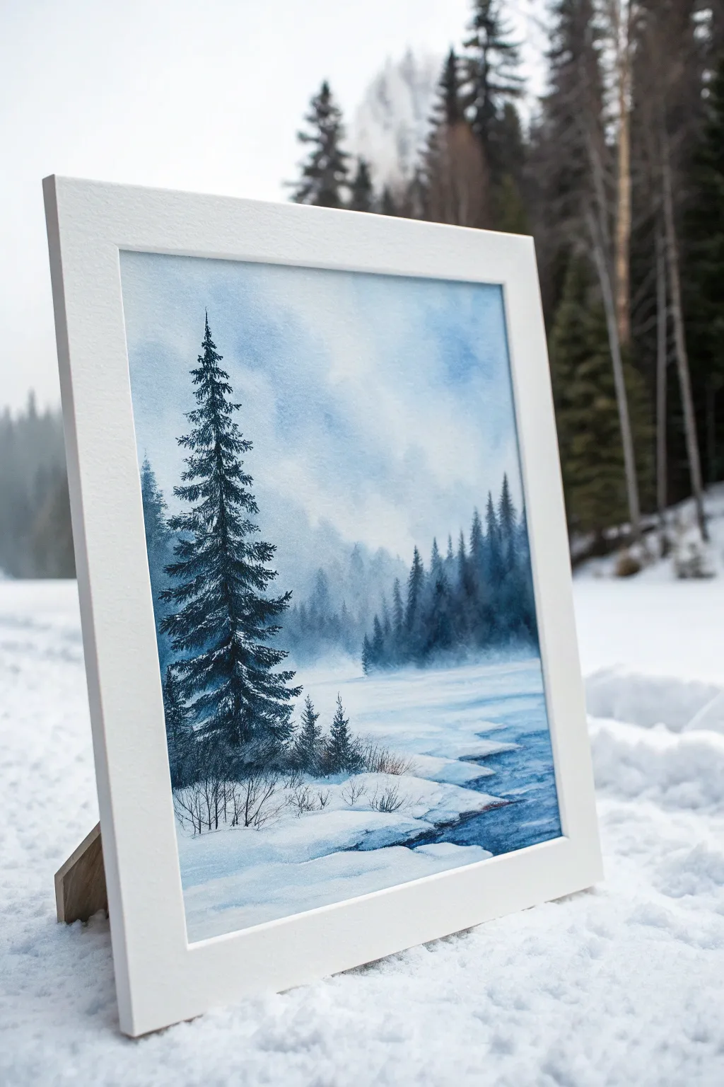 Paint a dreamy blue-and-white winter scene with misty trees and icy depth in monochrome.