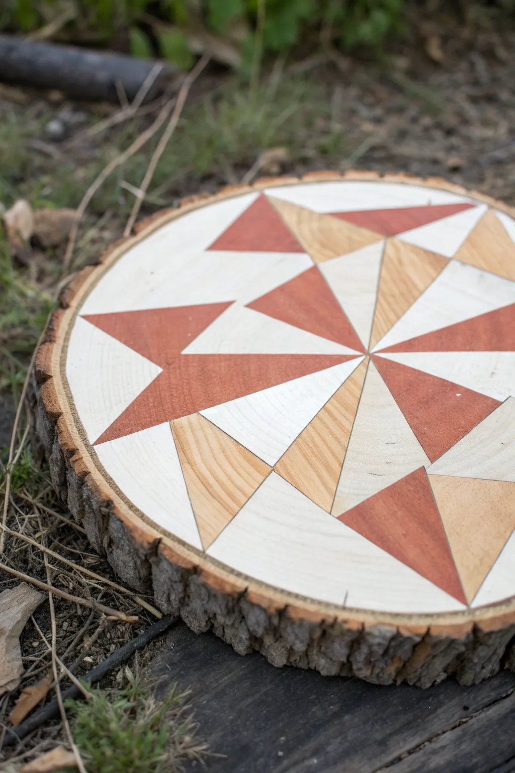 Geometric triangles in soft paint let natural wood grain glow in a clean minimalist look.