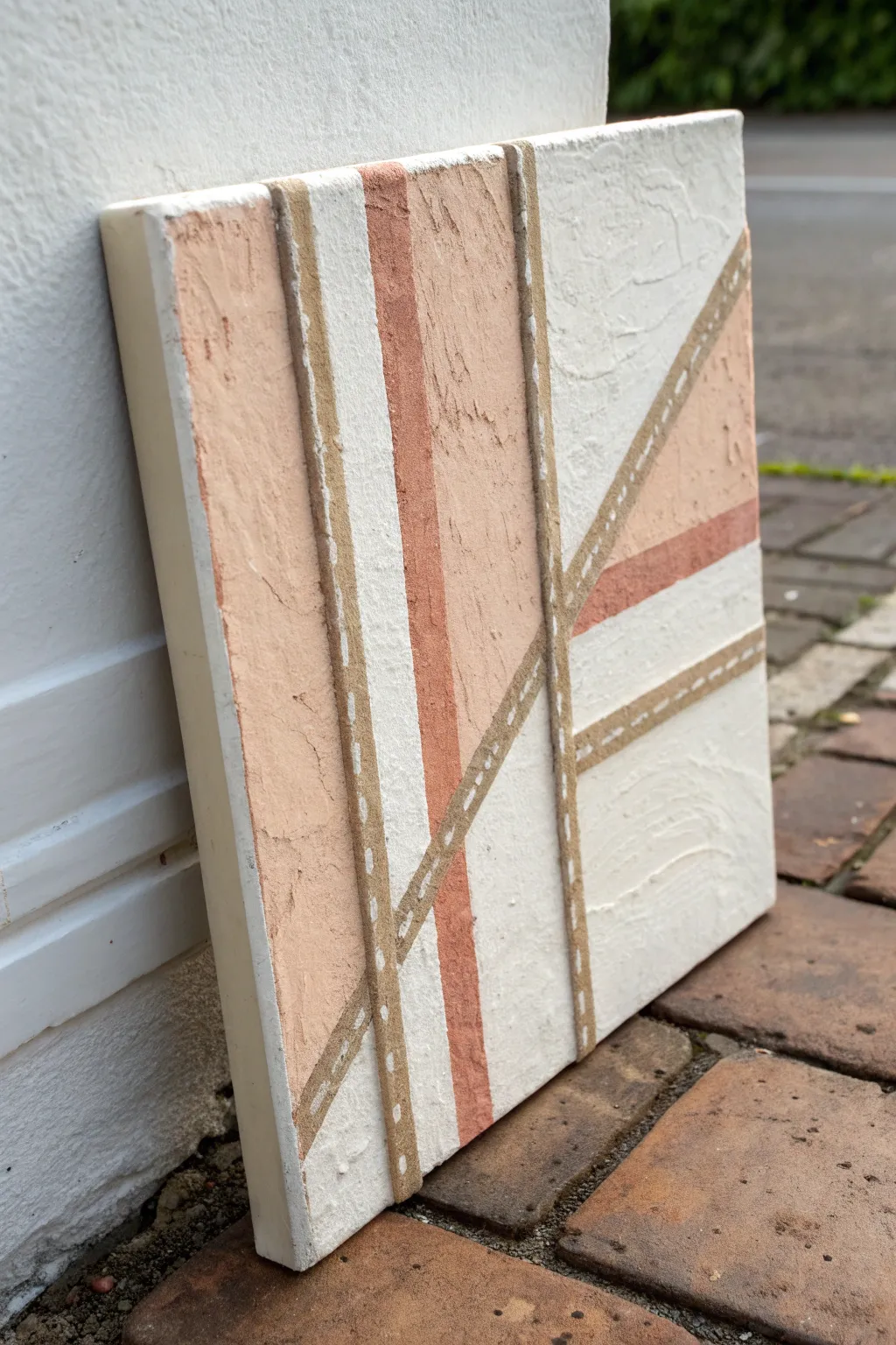 Trompe-loeil ripped-canvas illusion with painted tape and stitches for edgy minimalist art.