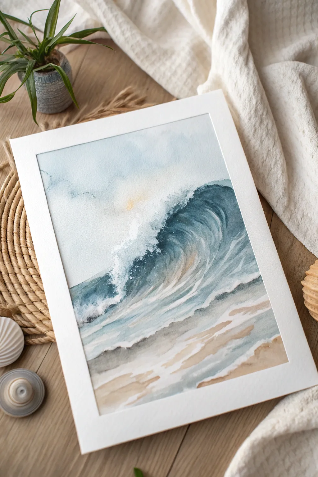 Pearlized ocean swell abstract in soft blue-gray and sand, minimalist boho elegance