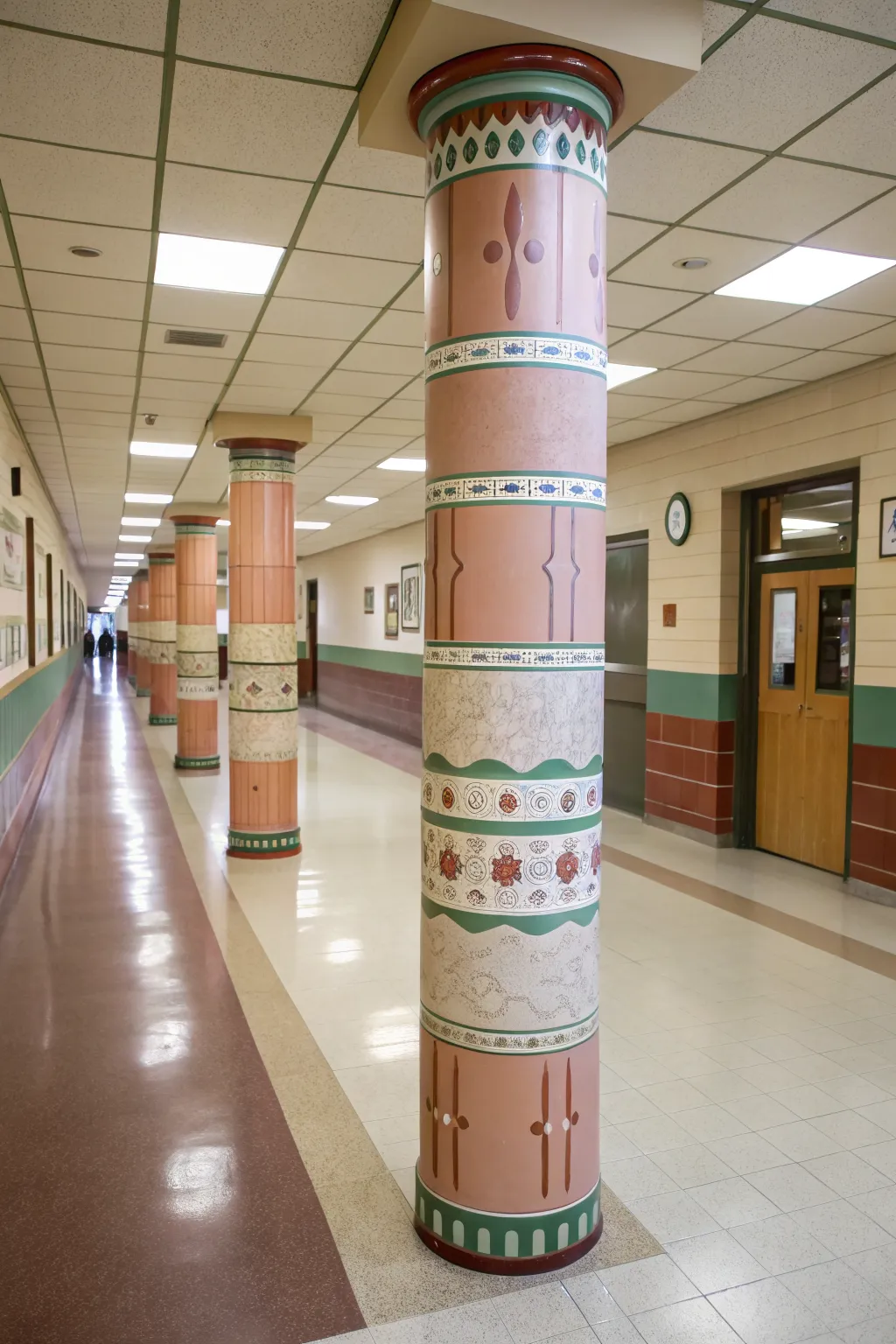 Turn one hallway column into a bold storybook spine mural with simple boho patterns and contrast
