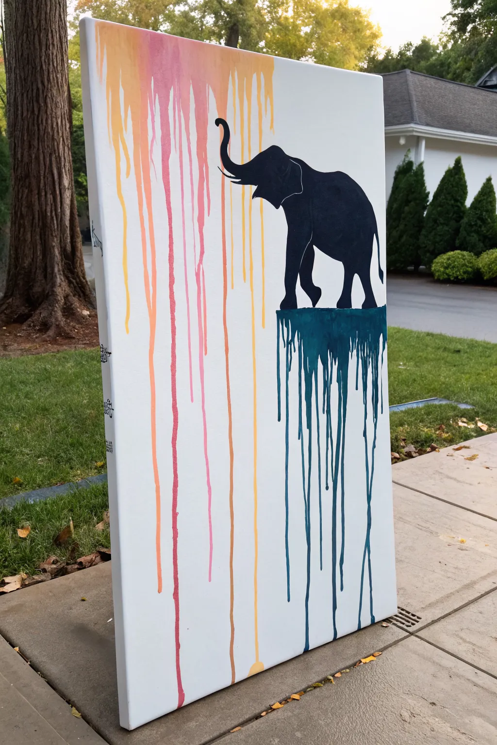 Pop-style elephant silhouette with vibrant dripping acrylics, bold contrast and clean boho lines